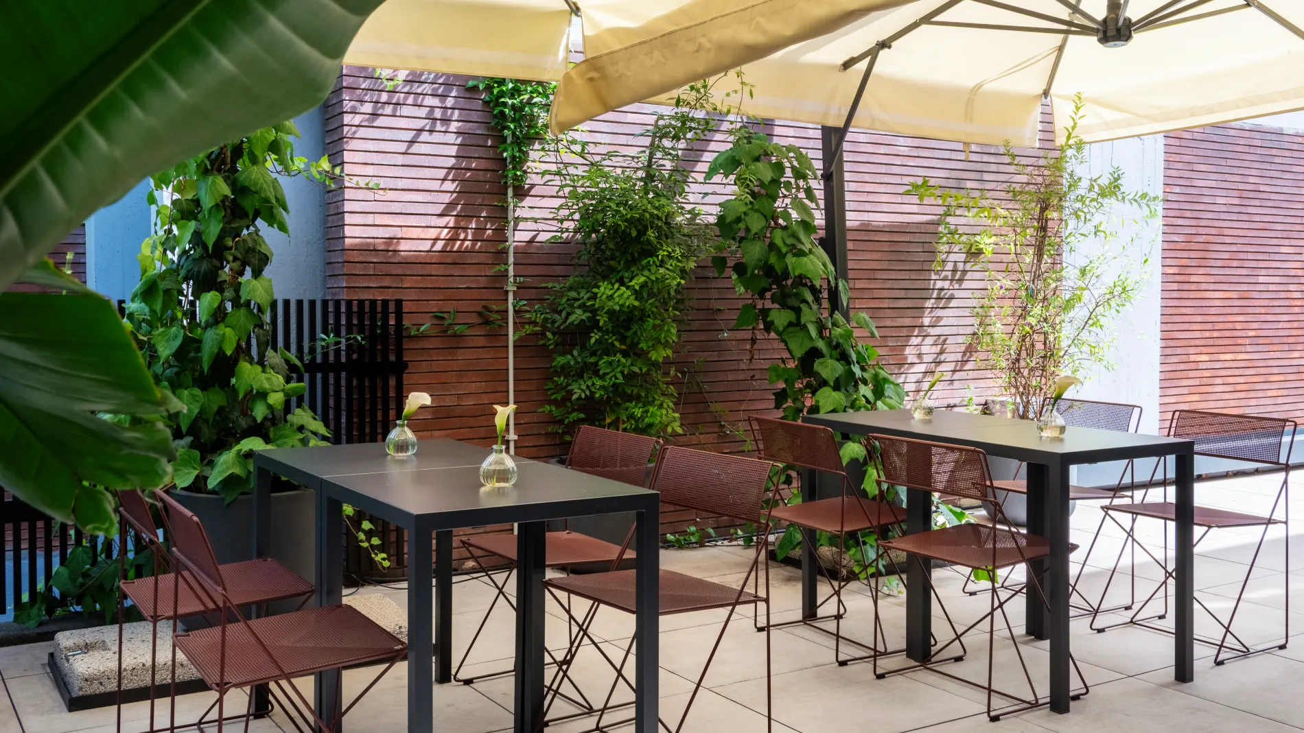 Terrace with tables and chairs surrounded by plants - Parioli Cube Hotel, BZAR hotels in Rome