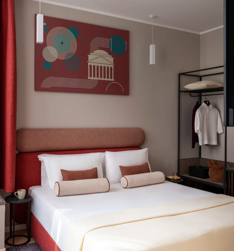 Superior room with double bed, red curtains and open wardrobe - Parioli Cube Hotel, BZAR hotels in Rome